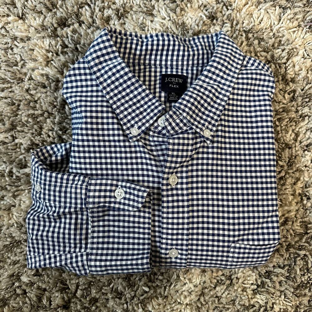 J Crew Flex Mens Button Down Shirt XL Blue Gingham Check Plaid 17 17.5 Cotton